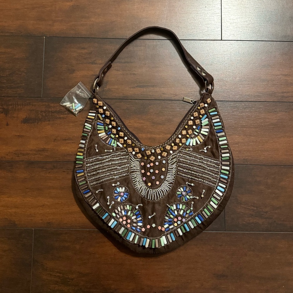 Vintage Tibetan Beaded Embroidered Brown Hobo Bag Shoulder Purse